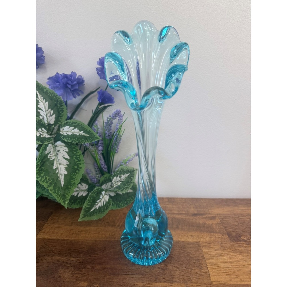 Vintage Blue Art‎ Glass Vase with Swirl Stem and Ruffled Rim